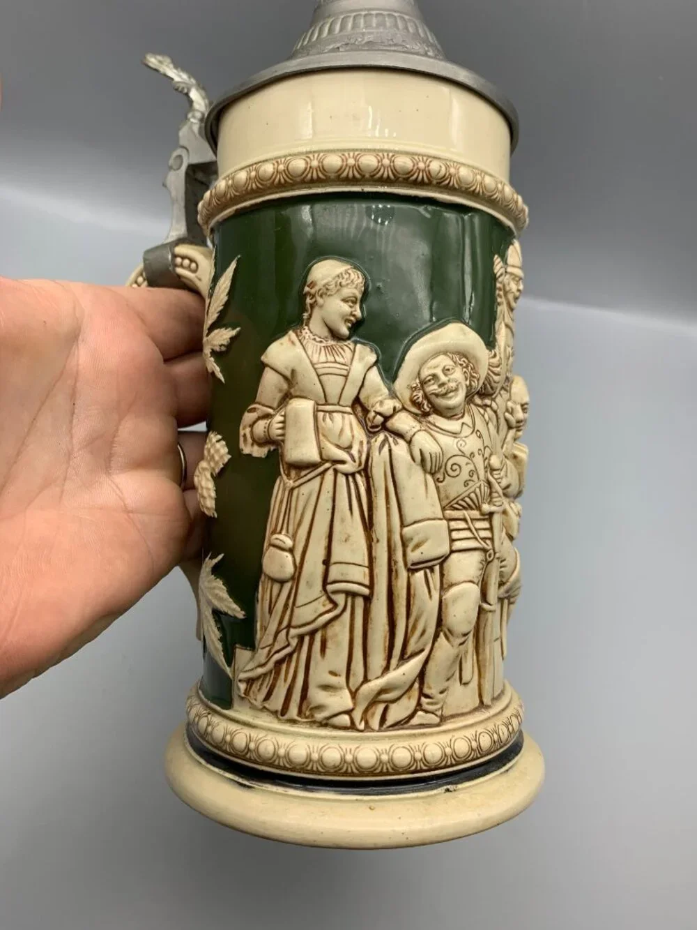 Vintage German Gestzlich Tavern Scene Stein with Pewter Hinged Lid